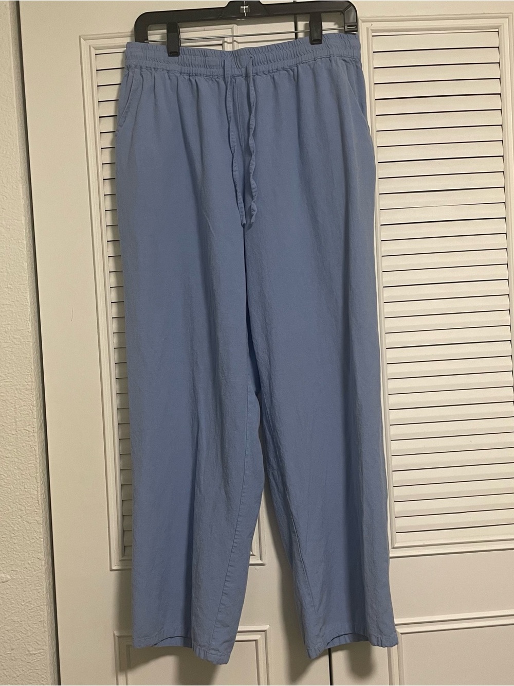 Linen/Cotton Blend Wide Leg Drawstring Pants in Light Blue